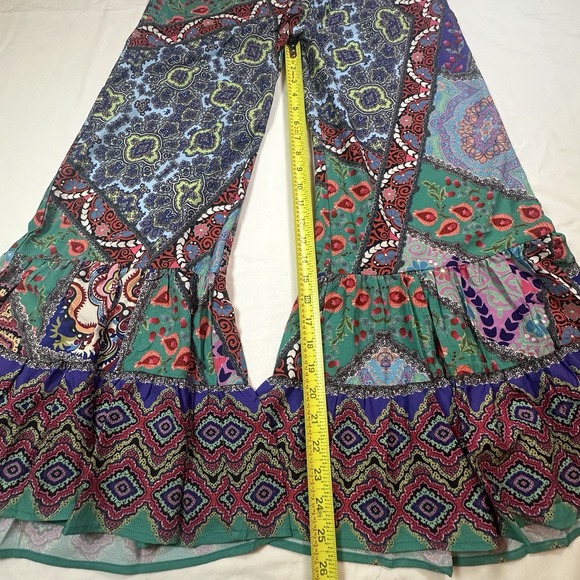 Umgee Patchwork Wide Legs Ruffle Hem Boho Festival Hippie Women's Pants Size M - Picture 8 of 12